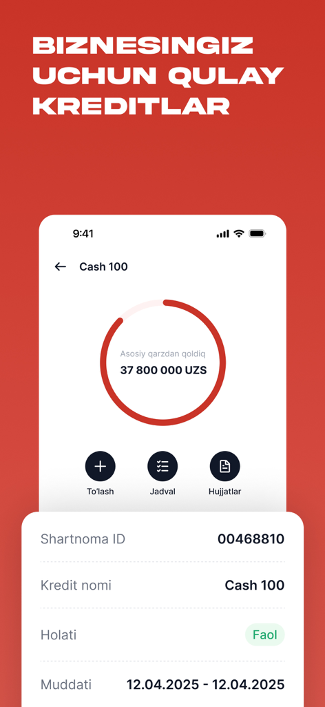 Biznes 24/7 - Interface de l'application Biznes 24/7 montrant un tableau de bord de prêt professionnel avec le solde actuel et les options de paiement en ouzbek