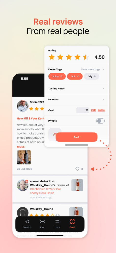Distiller - Liquor Reviews - Captura de tela da interface do aplicativo Distiller mostrando um feed de avaliações de licores de usuários e um formulário para adicionar uma nova classificação com tags de sabor como picante e carvalho.