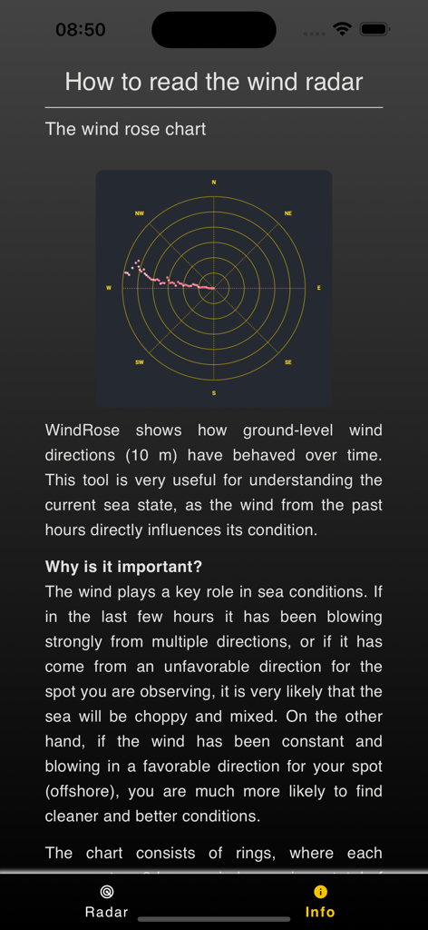 WindRose - Pantalla de información de la aplicación WindRose que explica el gráfico de rosa de vientos y su importancia para las condiciones del mar