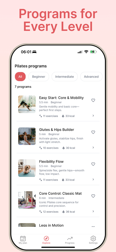 Asian pilates: Pilates at Home - Mobile app interface of Asian Pilates showing various workout programs for beginner and intermediate levels.
