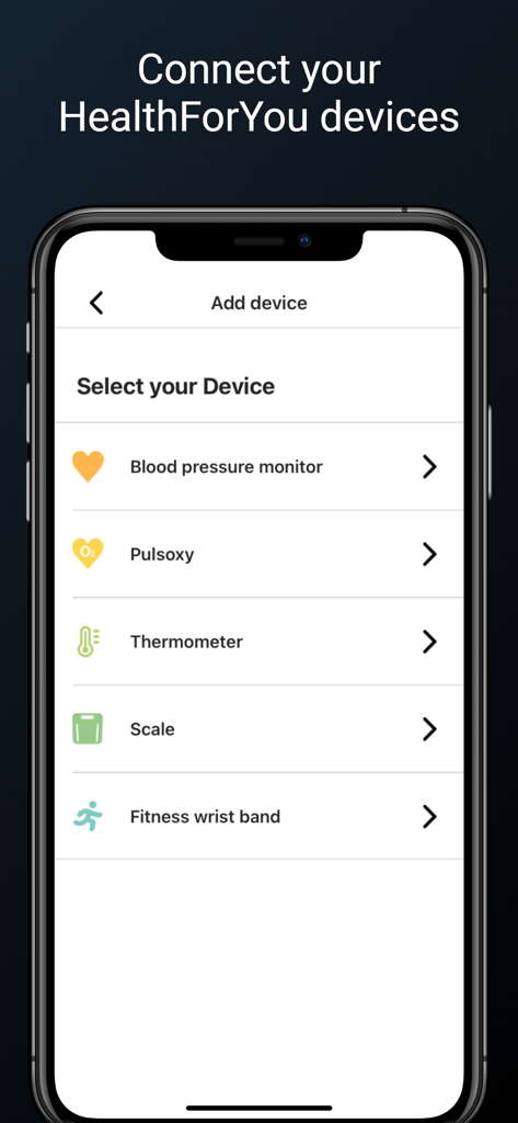 Interface of HealthForYou app showing a list of connectable health devices like blood pressure monitor and scale