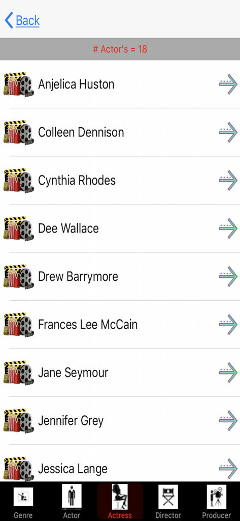 Movie Collector - Pantalla que muestra una lista de actrices en la colección de la aplicación Movie Collector.