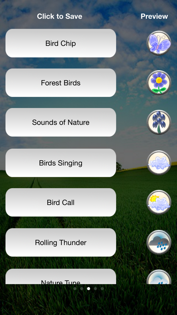 Interface of the Nature Sounds and Ringtones app showing a list of calming audio options like Forest Birds and Rolling Thunder