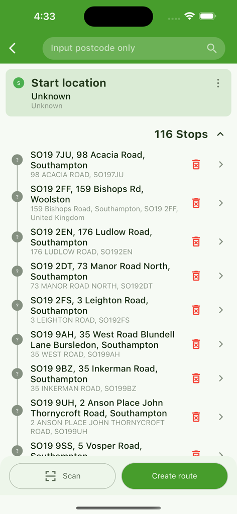 Courier Route Planner mobile app displaying a list of 116 delivery stops with address details and route creation options.