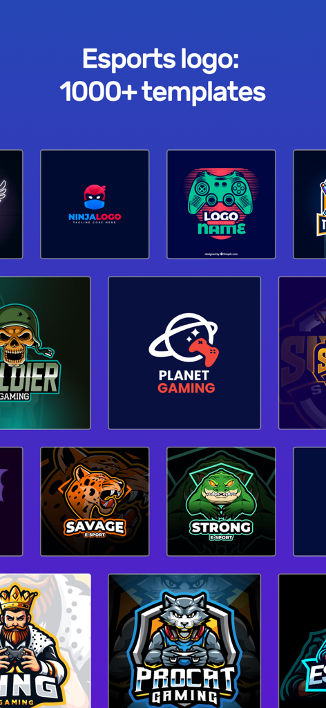 Une collection de plus de 1000 modèles de logos d'esport présentant des mascottes comme des ninjas, des soldats et des animaux pour les équipes de gaming