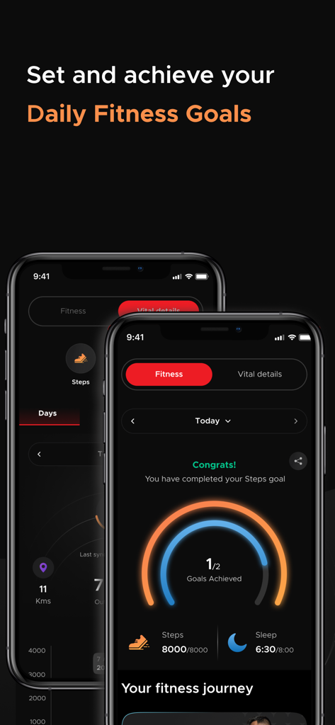 boAt Crest - 걸음 수 및 수면 목표를 표시하는 boAt Crest 모바일 앱 인터페이스