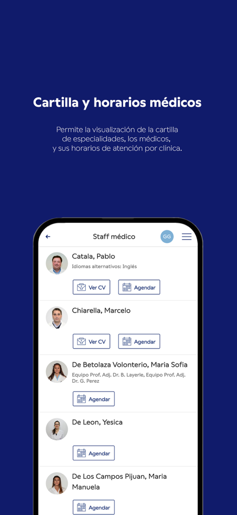 医師のCVを表示し、予約をスケジュールするオプションがある医師のリストを示すモバイルアプリのインターフェース。