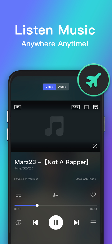 Music player app interface with airplane mode icon for offline listening