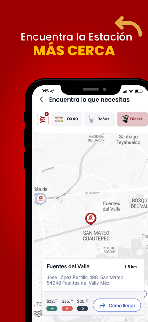 OXXO GAS app station locator map showing nearby gas stations and fuel prices