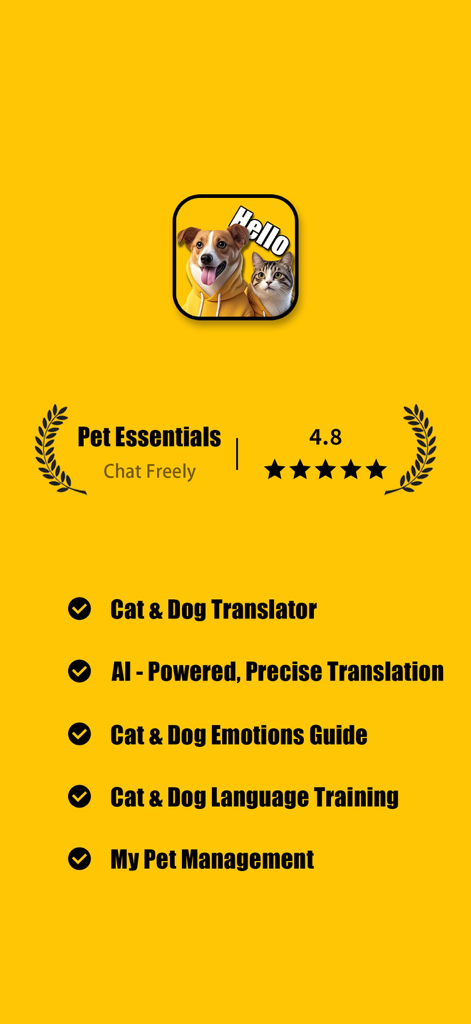 Dog&Cat Translator - Pet Talk - Dog and Cat Translator app promotional screen highlighting AI translation features and a 4.8 star rating.