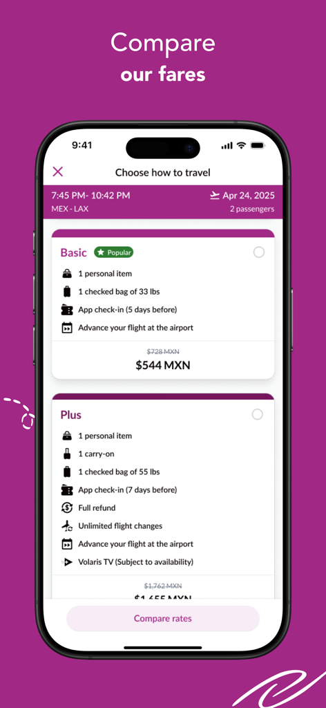 Uma tela de celular do aplicativo Volaris mostrando uma comparação dos níveis de tarifa de voo Básico e Plus com benefícios e preços listados.