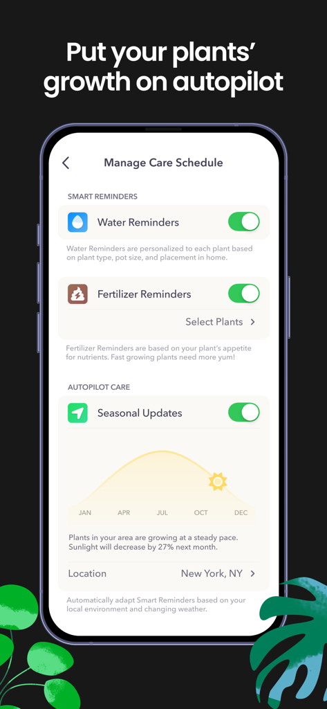 Greg: Plant Identifier & Care - Gregアプリの植物ケアスケジュール管理画面。水やりと肥料のリマインダー、季節ごとの自動成長機能付き。