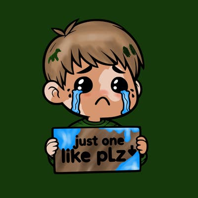 realistic crying boy with a sign saying just one like plz