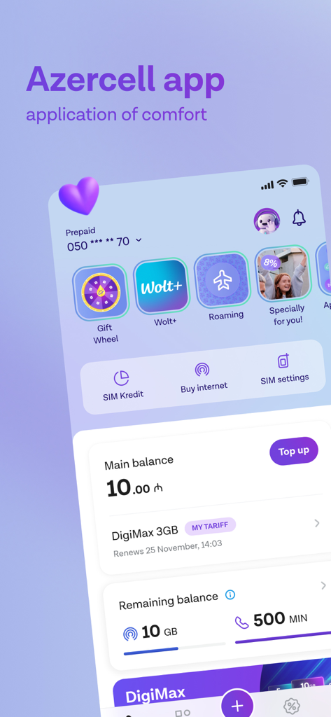 Azercell - Dashboard of the Azercell mobile app featuring account balance and data usage