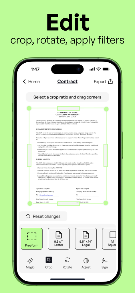 Scannerkit: PDF & Scanner App - ScannerKit app interface for cropping and editing a scanned business document on iPhone.