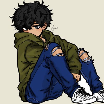 a male hoddie ripped jeans messy hair anime