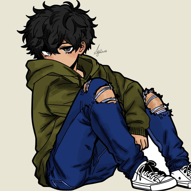 a male hoddie ripped jeans messy hair anime