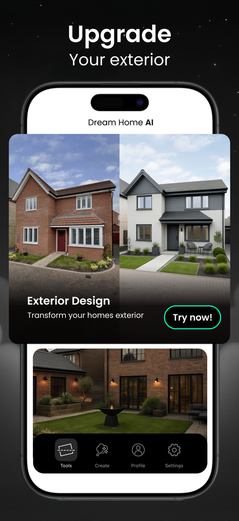 Room Planner - Dream Home AI - Split screen showing a traditional brick house exterior before and after a modern AI renovation.