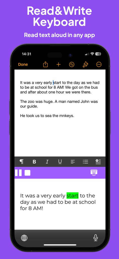 Read&Write - Teclado de la aplicación Read and Write que muestra texto a voz con resaltado visual de palabras.