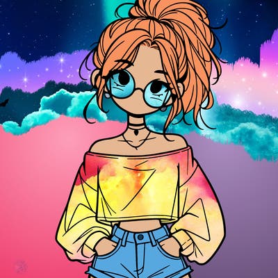 girl with a messy ponytail glasses a baggy crop top and jean shorts