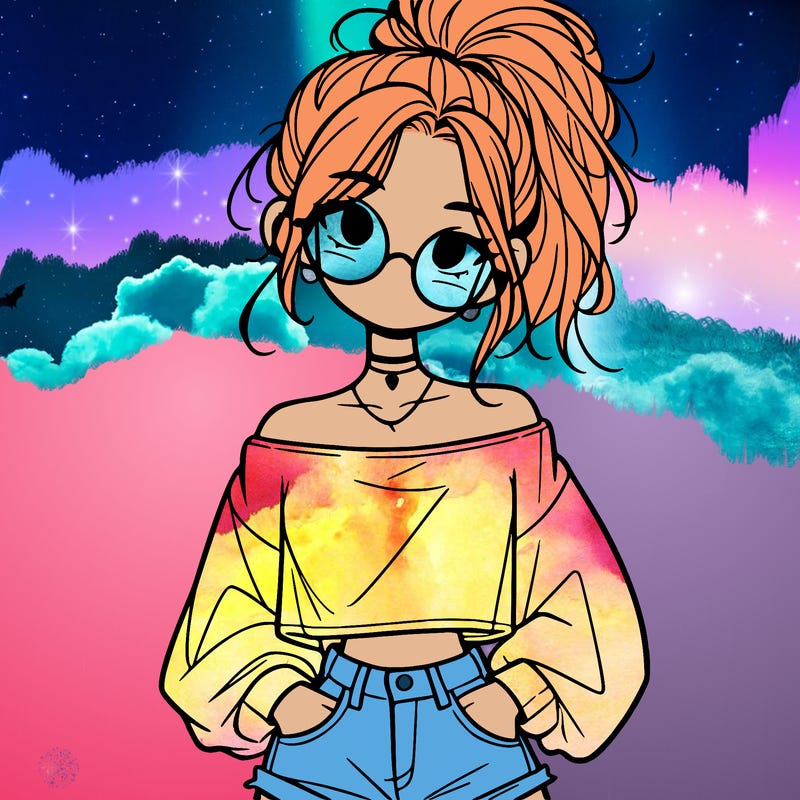 girl with a messy ponytail glasses a baggy crop top and jean shorts