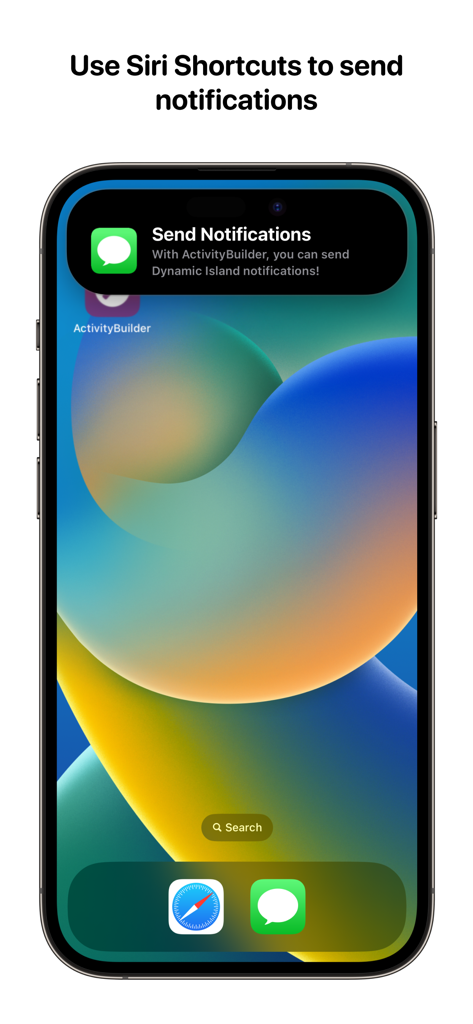 Widgets for Dynamic Island • - iPhone screen showing a Dynamic Island notification sent via Siri Shortcuts using ActivityBuilder app.