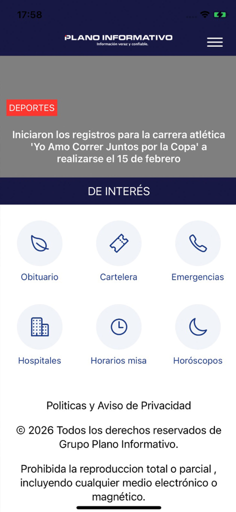 Plano Informativo - Plano Informativo news app showing sports headlines and local community services
