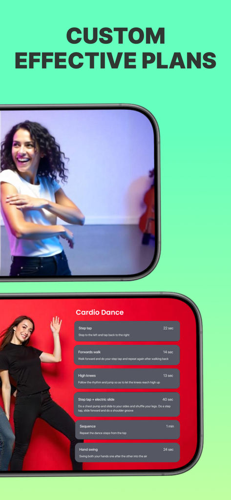 Dance Fitness - Weight Loss - Smartphone screens showing a woman dancing and a custom cardio dance workout routine list