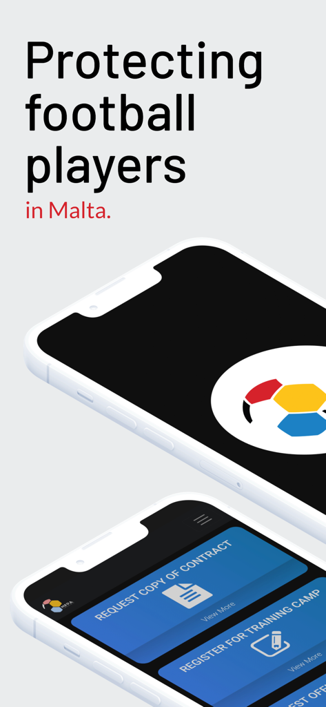 MFPA - Interfaccia dell'app mobile MFPA che mostra servizi per calciatori maltesi, incluse richieste di contratto e registrazione ai campi di allenamento.