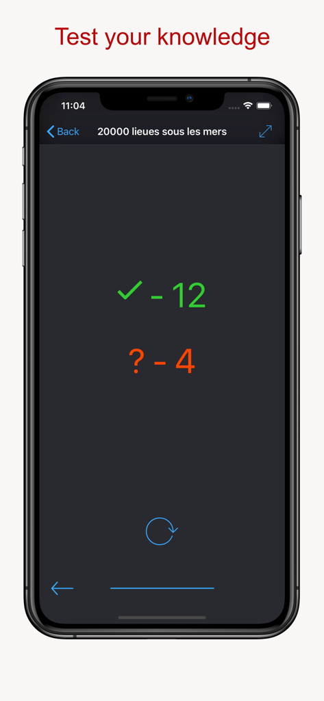 Schermata dello smartphone che mostra i risultati del test di conoscenza del vocabolario con il conteggio delle risposte corrette e errate per un libro francese.