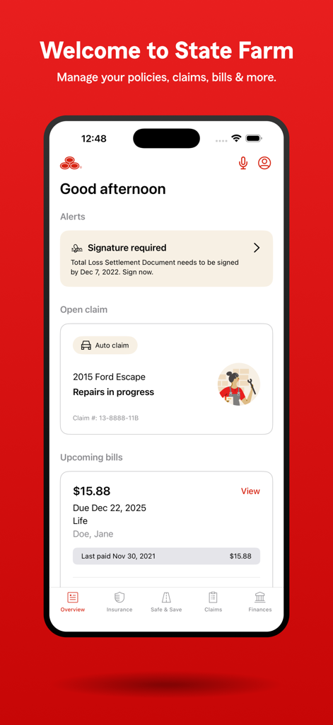 State Farm mobile app home screen showing insurance alerts, open claim status, and upcoming bill information