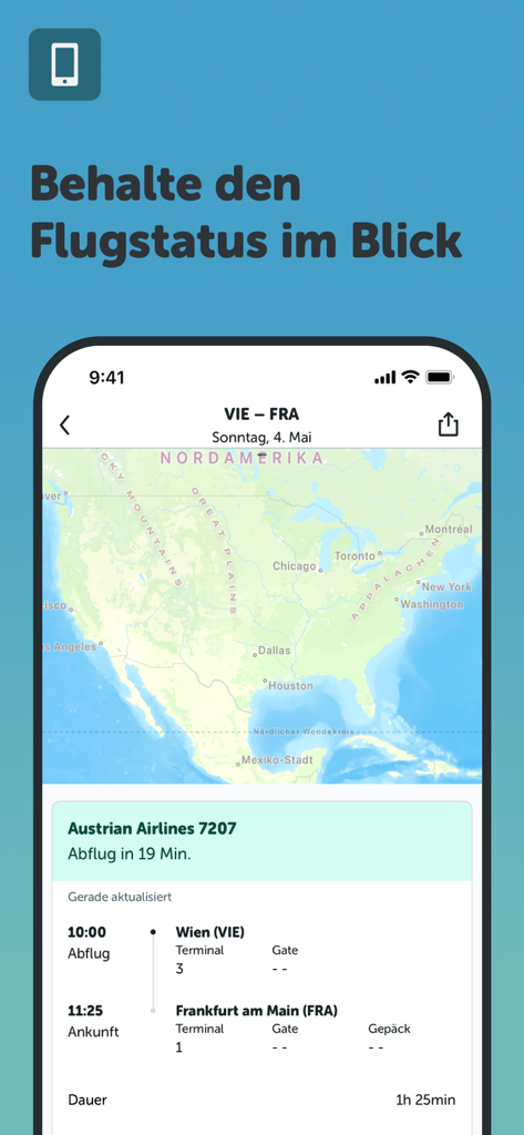 checkfelix: Flüge Hotels Autos - Interfaccia dell'app mobile di checkfelix che visualizza un tracker di stato del volo in tempo reale e una mappa per un volo Austrian Airlines.