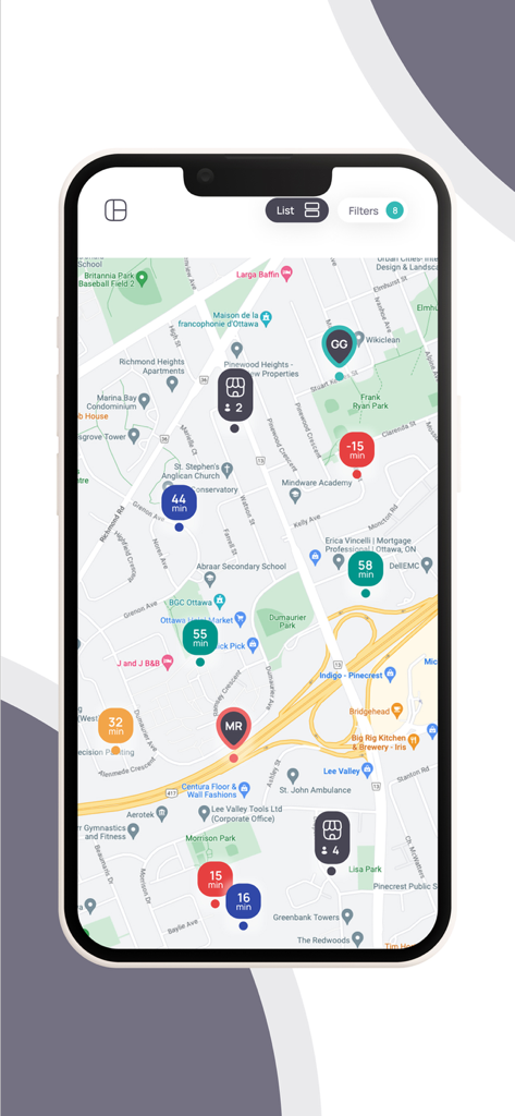 Cartwheel Dispatch - A real time map interface showing delivery driver locations and order estimated arrival times