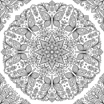 Explore a mesmerizing world with this beautiful butterfly fairies mandala. This intricate coloring page offers a symmetrical design filled with delicate butterflies and swirling floral elements, perfect for a relaxing creative session.