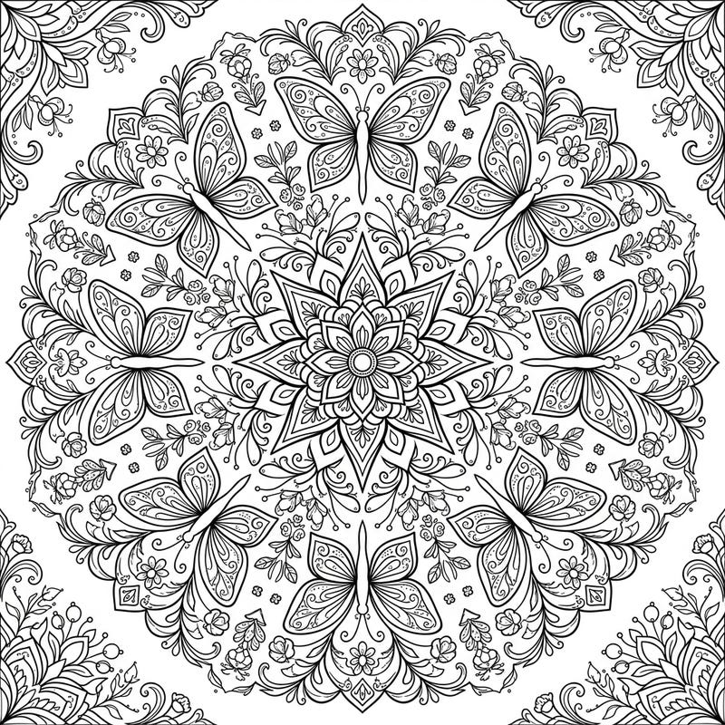 Explore a mesmerizing world with this beautiful butterfly fairies mandala. This intricate coloring page offers a symmetrical design filled with delicate butterflies and swirling floral elements, perfect for a relaxing creative session.