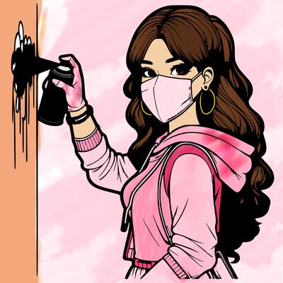 realistic girl with mask spray painting a wall