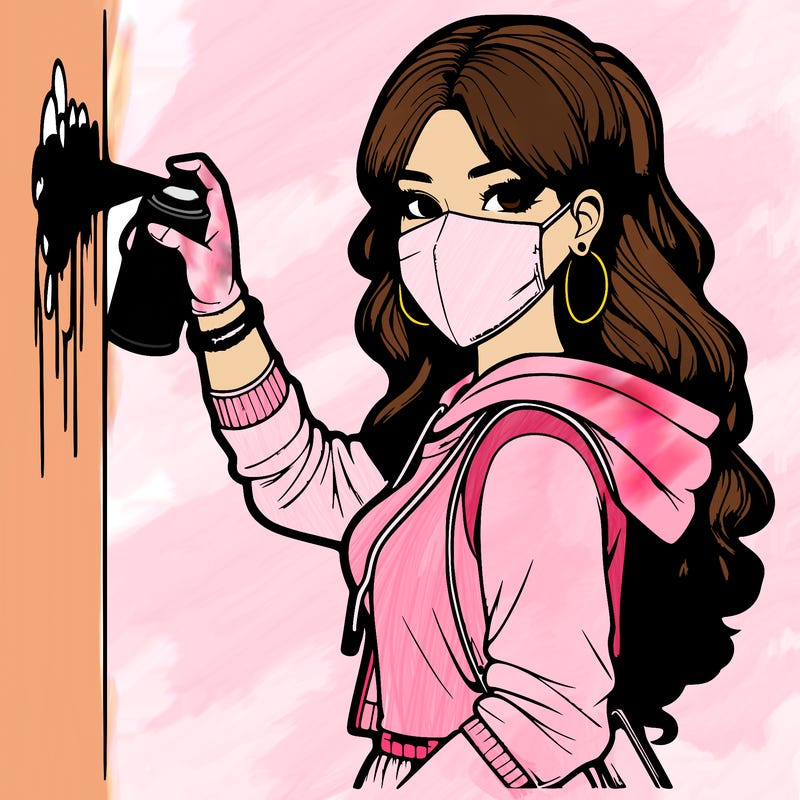 realistic girl with mask spray painting a wall