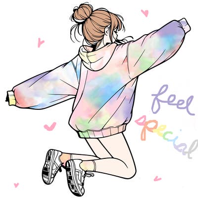 realistic girl jumping with a bun and oversized sweatshirt