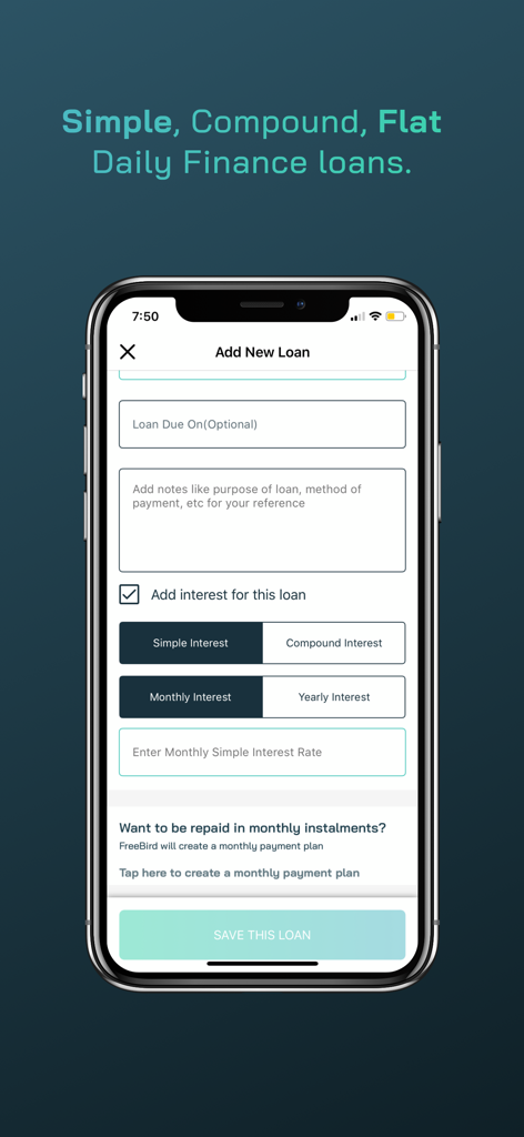 Mobile interface for adding a new loan with simple and compound interest options