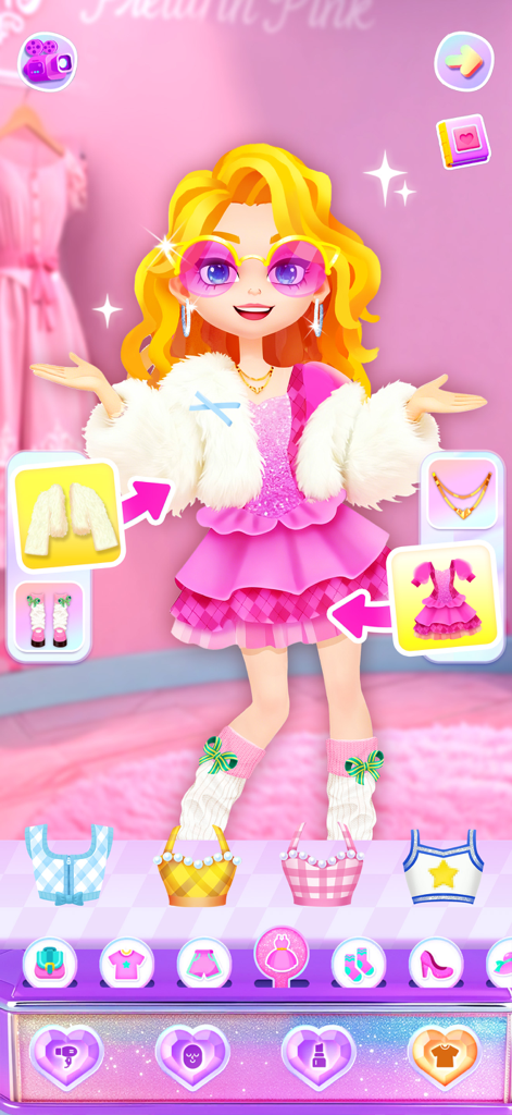 Aha Makeover-Beauty Salon Game - A girl avatar character wearing a pink dress and white jacket in a fashion makeover game