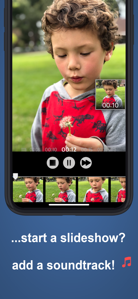 Photo Video Cast to Chromecast - iPhone app interface showing a photo slideshow of a child with an option to add a soundtrack for TV casting