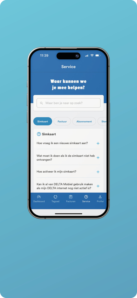 Caiway Mobiel - Caiway Mobiel app service screen showing sim card help and FAQ sections