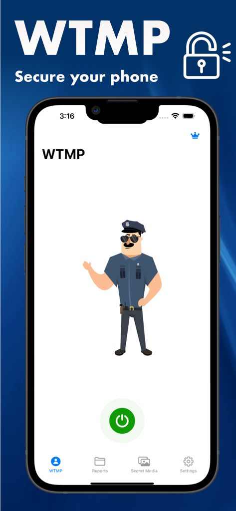 Tela inicial do aplicativo WTMP mostrando um mascote de policial de desenho animado e um grande botão de ativação verde