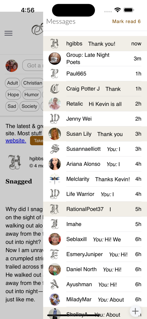 Allpoetry Poetry.app - Uma lista de mensagens privadas e discussões em grupo no aplicativo Allpoetry