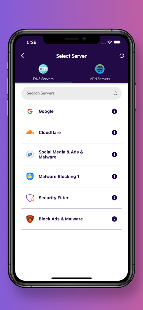 Magic VPN: Fast DNS Changer - Interfaz de la app Magic VPN mostrando una lista de opciones de servidores DNS incluyendo Google Cloudflare y filtros de bloqueo de malware