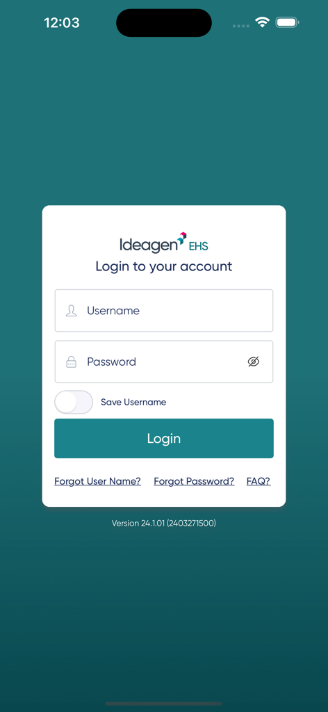 Ideagen EHS - Login screen for the Ideagen EHS mobile app featuring username and password entry fields