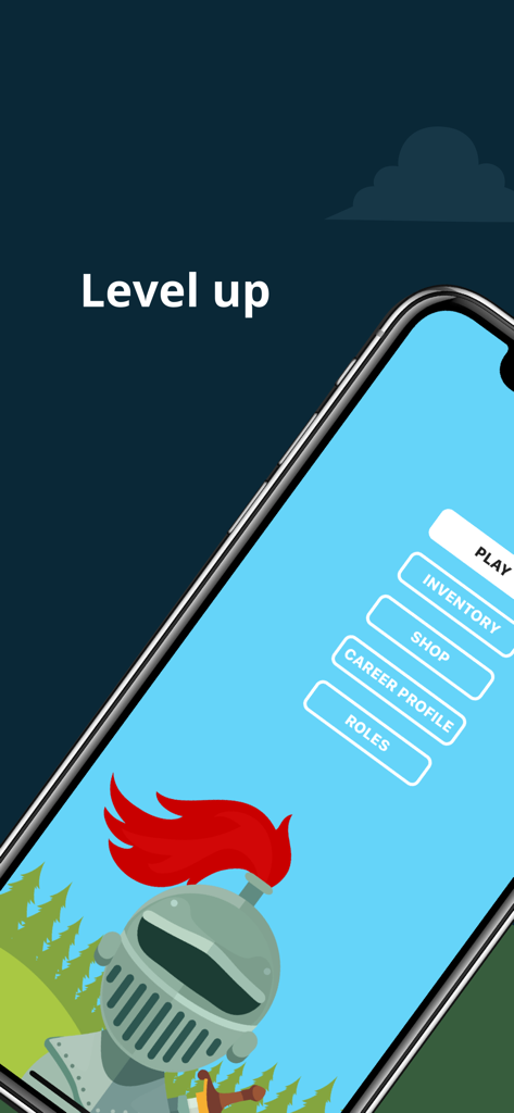 Wolvesville game menu on a smartphone screen featuring a knight avatar and menu buttons for play, inventory, and shop.