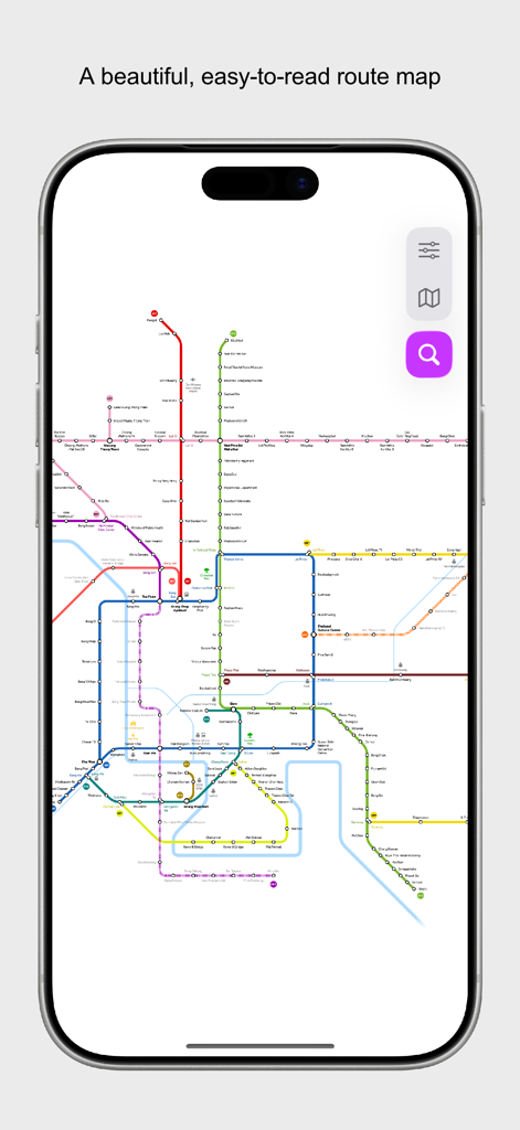 Bangkok City Metro - A detailed and easy to read transit map of Bangkok showing BTS and MRT lines on a smartphone
