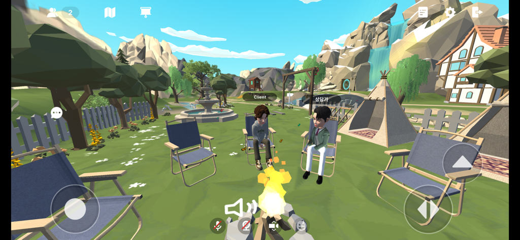 MetaForest - Zwei Avatare, die einen Klienten und einen Therapeuten darstellen und in einer friedlichen Metaverse-Umgebung um ein Lagerfeuer sitzen