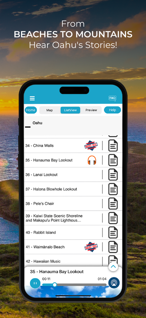 Oahu Grand Circle GPS Guide - オアフ島グランドサークルGPSガイドアプリのツアー停止リストを表示するスマートフォン画面。